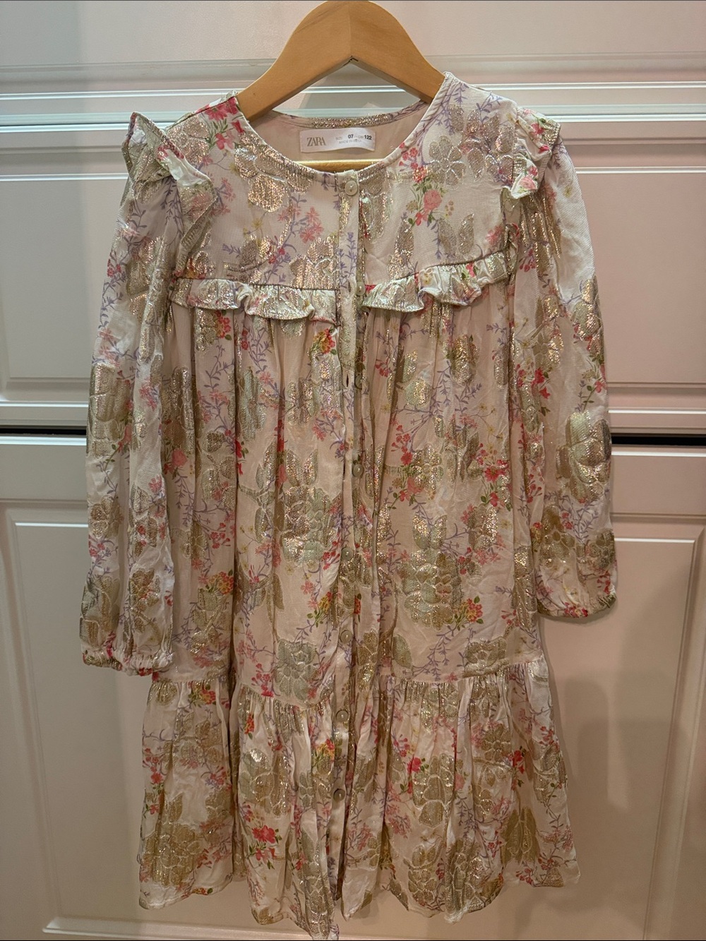 Zara Cream Floral Dress with Gold Metallic Details